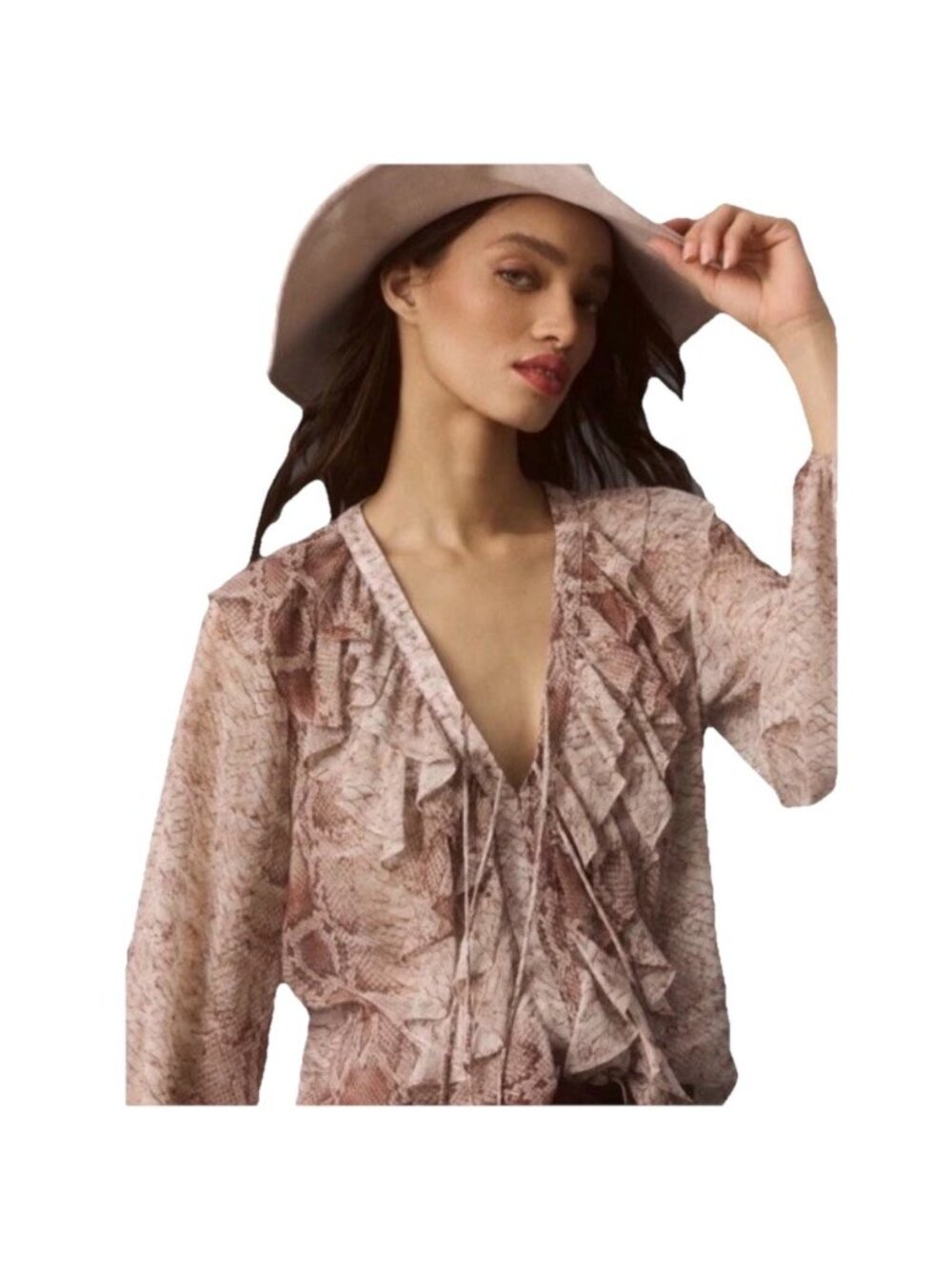 Anthropologie Long Sleeve Ruffled Blouse Size M Rose Sheer Feminine Romantic